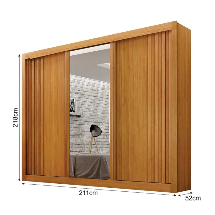 Guarda-roupa 3 Portas Milano com Espelho na Porta Central e Portas Ripadas Branco