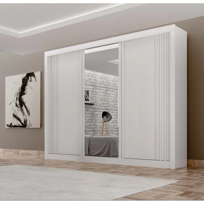 Guarda-roupa 3 Portas Milano com Espelho na Porta Central e Portas Ripadas Branco